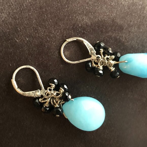 Hand Crafted Sterling Silver .925 Lever Back Dangle Earrings Blue + Black Sz OS - Picture 4 of 7